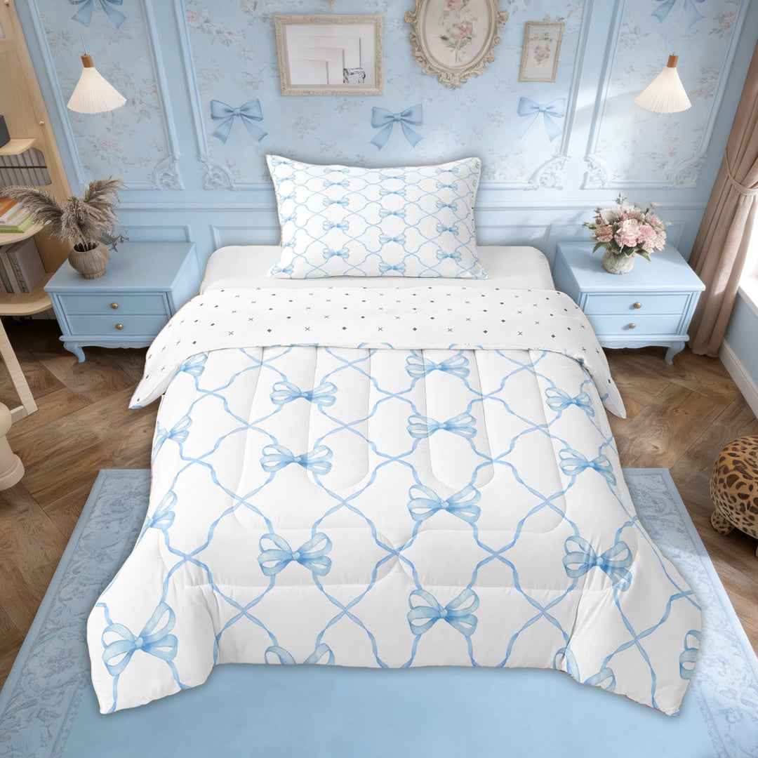 Cute Blue Bow Twin Comforter Sets,Kawaii Dreamy Princess Bowknot Down Comforter,Geometric Check Bow Tie Bedding Set Watercolor Blue White Bow Bed Set