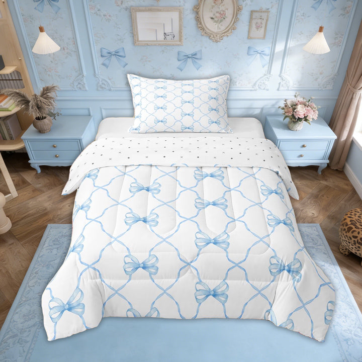 Cute Blue Bow Twin Comforter Sets,Kawaii Dreamy Princess Bowknot Down Comforter,Geometric Check Bow Tie Bedding Set Watercolor Blue White Bow Bed Set
