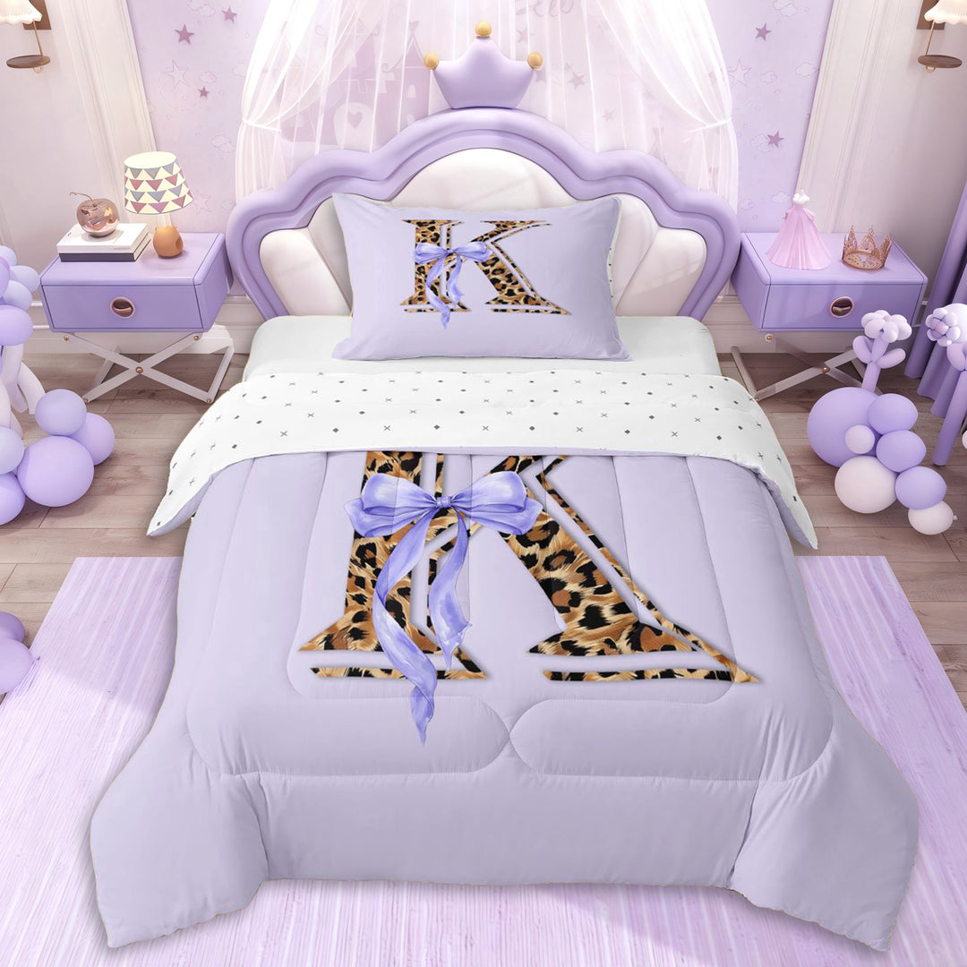 Erosebridal Girls Letter K Monogrammed Cartoon Bowknot Twin Comforter Sets 3-Piece,Purple Bow Vintage Leopard Print Bedding Set,Luxury Bedroom Decor