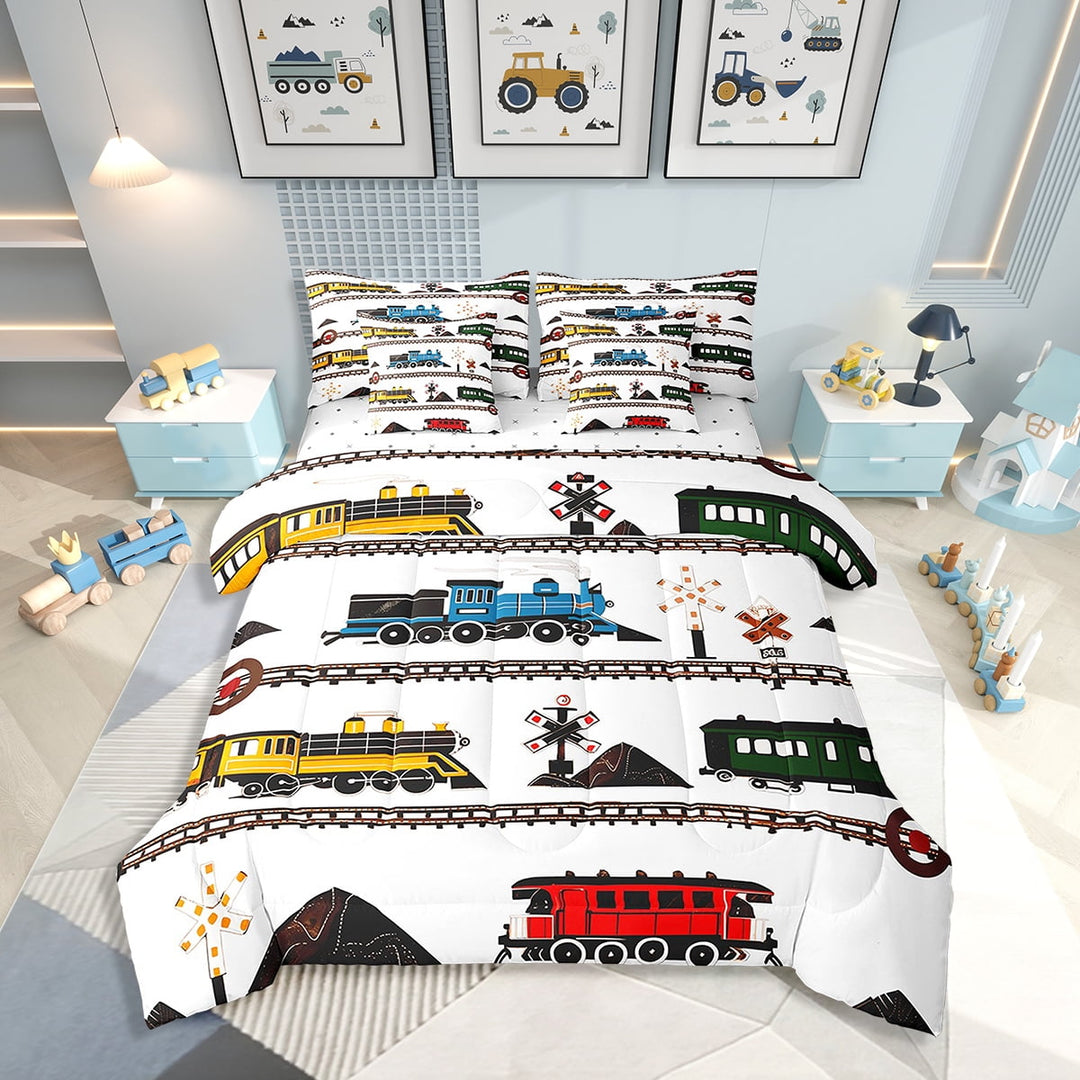 Comforter Set Retro Vintage Train Bedding Twin 7Pcs, Cute Vehicle Printed Colorful Train Comforter Bed in a Bag(1 Comforter, 1 Flat Sheet 1 Fitted Sheet 2 Pillowcases And 2 Throw Pillow Covers)
