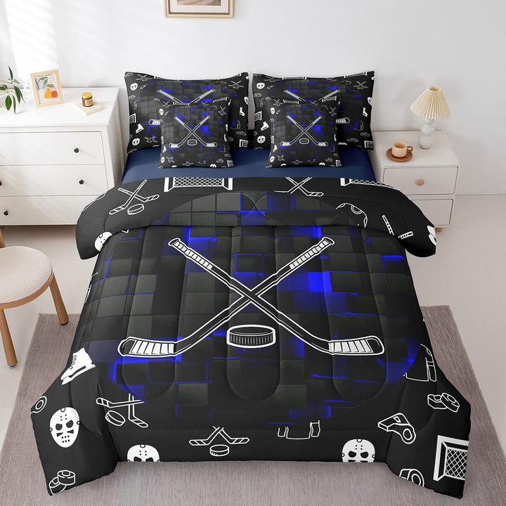 Hockey Queen Bedding Set 7 Piece Hockey Stick Puck Comforter Set Teen Men,Black Blue Neon Geometric Checkered Bed In A Bag Winter Sports Ball Games Sheet Set With Comforter