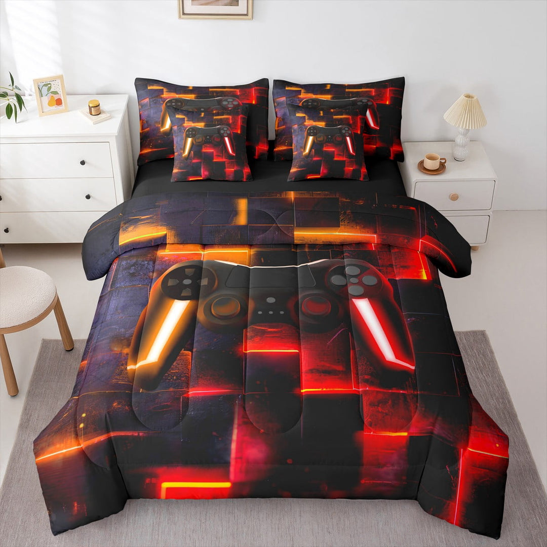 7-Piece Gamepad Print Bed in a Bag Contemporary Gradient Grid Bedding Set, Black Red Orange Twin Size Comforter Set Gamer Gaming Bedding Comforter Sets, Abstract Square Bed Set