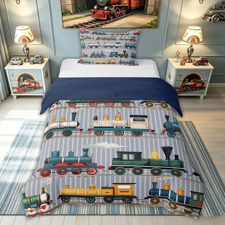meiyoeat Vintage Steam Train Bedding for Kids Boys, Retro Locomotive Car Duvet Cover Full, Multicolor Gray, Blue Reversible, 3-Piece