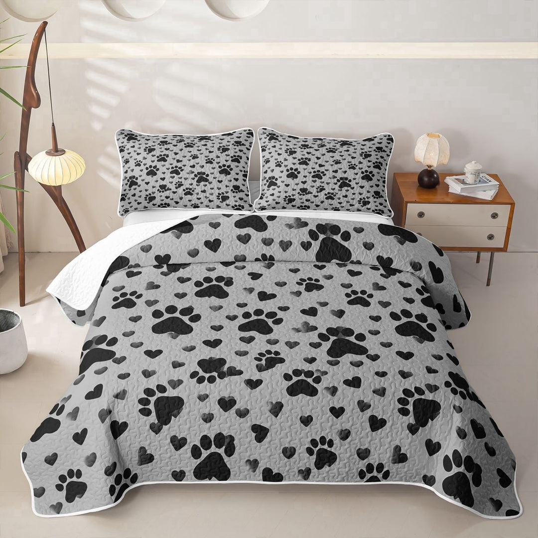 Homewish Cartoon Dog Paws Quilt King,Pet Lover King Coverlet Set,Gray,Heart Decor,3pcs