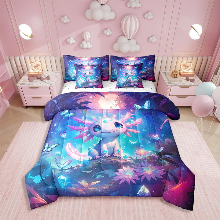 Erosebridal Cute Axolotl Comforter Set Twin 7 Pcs Butterfly Outer Space Galaxy Bedding Set Cartoon Salamander Kawaii Reptile Animal Bed in a Bag with Comforter,Sheets