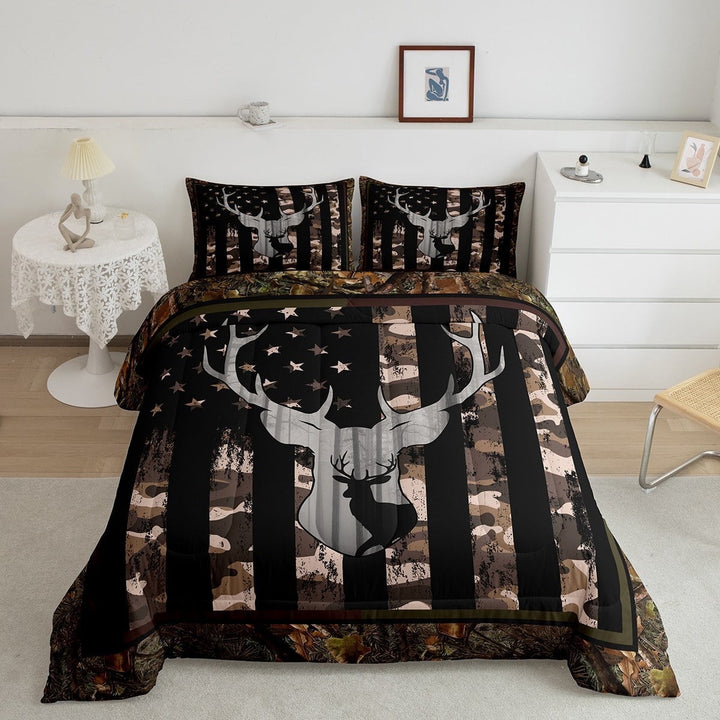 American Flag Queen Comforter Set, Brown Grey Camouflage Antlers and Leaves Bedding for Teens Adults,Camo Hunting Deer Wild Animal Bedding Comforter Sets Stars and Stripes Quilt,Farmhouse Style