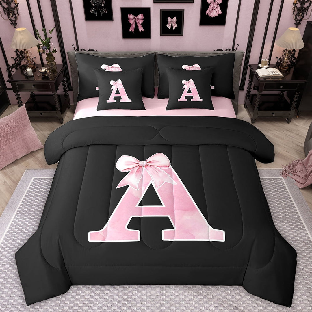 Manfei Monogrammed Girl Twin Bedding Sets 7-Piece, Personalized Initial A Bedding Comforter Set, Princess Bow Knot Sheet Sets, Black Pink Bedroom Decor