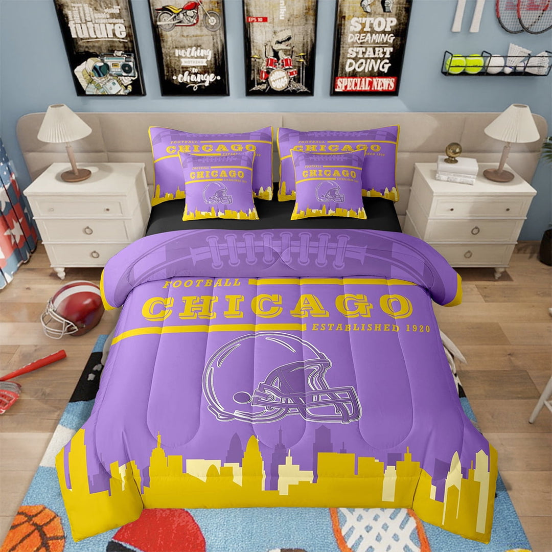 7 Piece Sports Bedding Sets,American Football Fans Bed in a Bag Full Size Rugby Player Comforter Set with Sheets Football Lovers Bed Set Light Purple Yellow Sheets (Chicago)