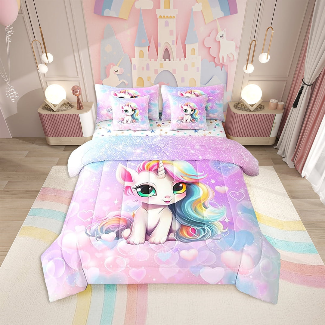 Erosebridal 7 Pieces Cute Unicorn Comforter Set Twin, Pink Blue Glitter Princess Bedding Set Room Decor, Sheets and Pillow Cases