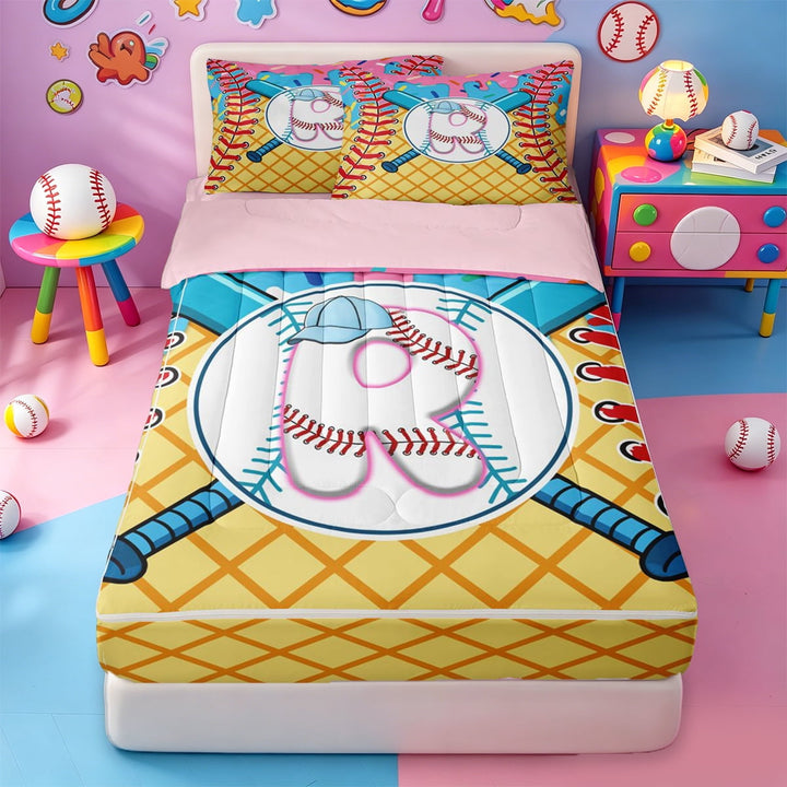 meiyoeat Watercolor Monogram Print Zipper Twin Comforter Sets with Fitted Sheet and 2 Pillowcases,Ice Cream Theme Alphabet R Zipper Bedding Set For Baseball Games Lover,4-Piece
