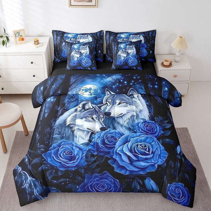 Wolf 7 Pieces Bed In A Bag,Blue Rose Wolves Comforter Set,Jungle Moon King Size Bedding Set,Safari Wildlife Animals Fitted Sheet Teens Bedroom Decor
