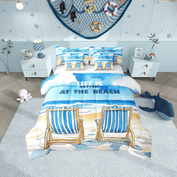 Erosebridal Ocean Beach Bedding Sets Twin Size,Blue Wheat Comforter Sets with Sheets,Sea Marine Bed in a Bag Twin size,Microfiber Summer Holiday Bedroom Decorative,Reversible,7-Piece