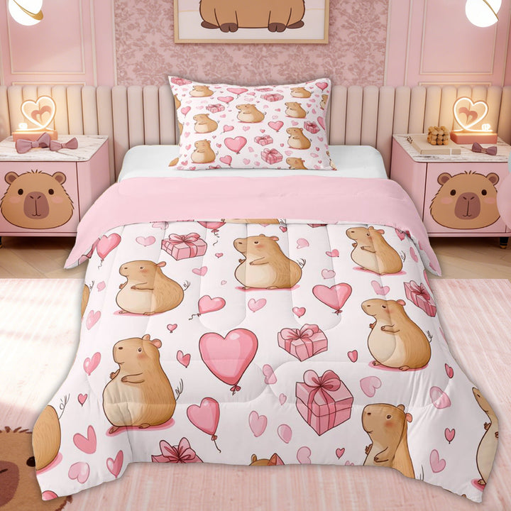 Erosebridal Kawaii Capybara kid Twin Comforter Sets, Love Heart Balloon Bedding Set, Pink, 2pcs