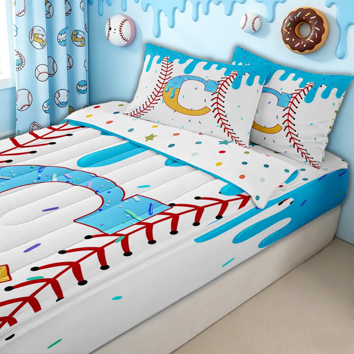 meiyoeat Baseball Letter C Zipper Full Size Comforter Sets with Fitted Sheet and 2 Pillowcases for Boys, Kawaii Ice Cream Drip Zipper Bedding Set, Blue Yellow, Polkadot Reversible, 4pcs