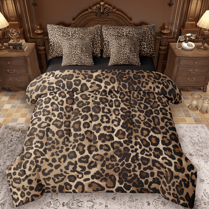 Manfei Leopard Print 7 Pieces Bedding Comforter Set,Wild Animal Full Bedding Set,Cheetah Pattern Fitted Sheet Flat Sheet For Girl Kids,Breathable Home Decor Reversible