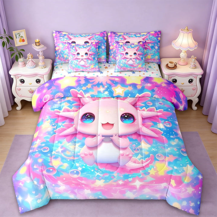 Erosebridal Ocean Animal Axolotl 7-Piece Twin Bedding Sets,Pink Kawaii Salamander Bedding Comforter Set For Girl,Reversible