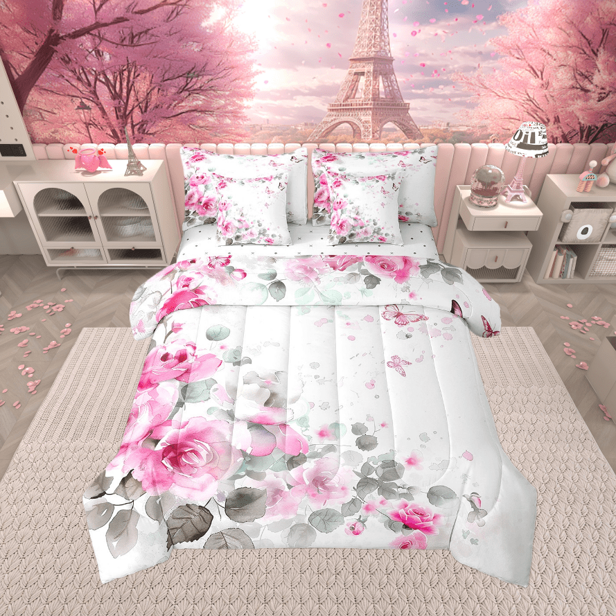 7Pcs Watercolor Rose Full Comforter Set,Pink Rose Flowers Bedding Sets Women,Romantic Butterfly Bed In A Bag,Garden Botanical Floral Leaf Sheet Set with Comforter