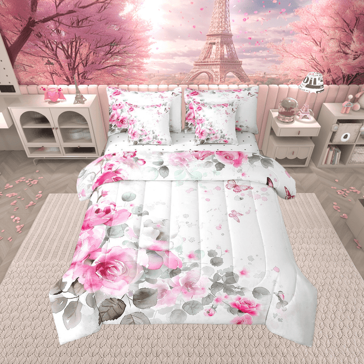 7Pcs Watercolor Rose Full Comforter Set,Pink Rose Flowers Bedding Sets Women,Romantic Butterfly Bed In A Bag,Garden Botanical Floral Leaf Sheet Set with Comforter