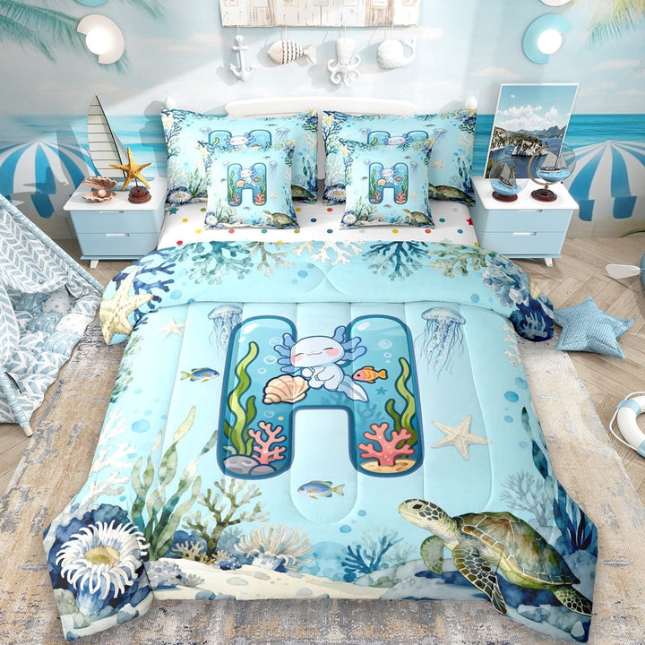Erosebridal Cute Axolotl Kids 7-Piece Twin Bedding Sets,Ocean Theme H Alphabet Bedding Comforter Set For Boys,Reversible