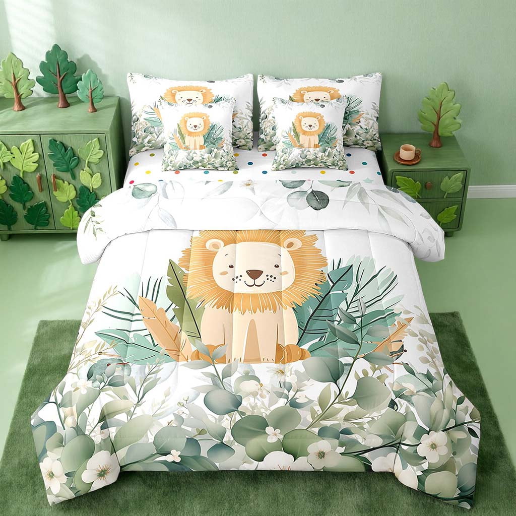 Erosebridal Cute Animal Bedding Comforter Sets 7pcs Cartoon Lion Bed in a Bag, Eucalyptus Twin Bedding Sets Watercolor Leaves Comforter Set, Kawaii Jungle Animal Bedding Sets