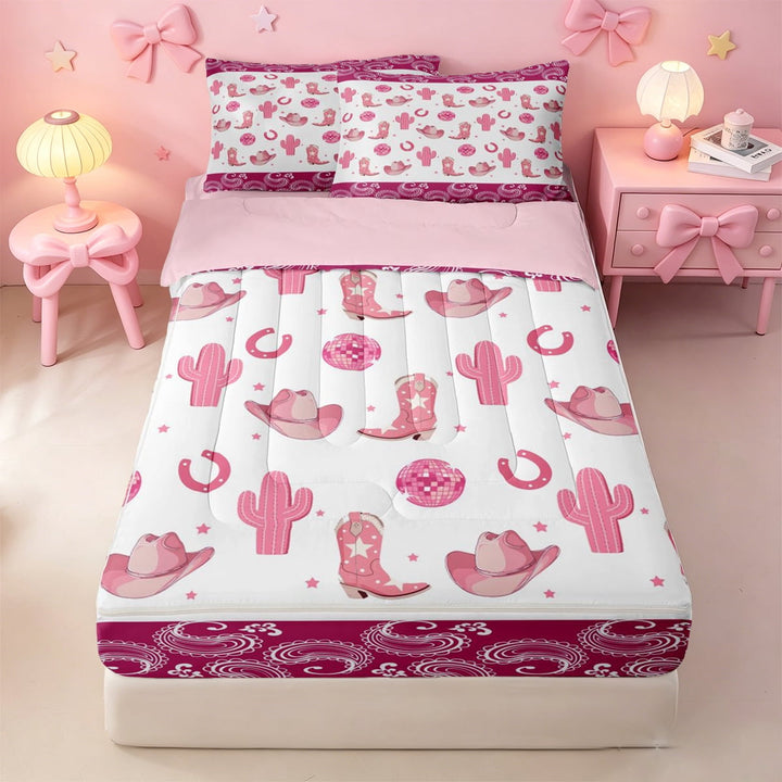 meiyoeat Pink Cowboy Paisley Zipper Twin Comforter Sets with Fitted Sheet and 2 Pillowcases,Girly Western Pattern Zipper Bedding Set For Girl,Reversible,4-Piece