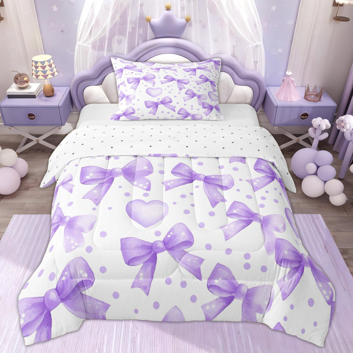 Erosebridal Purple Polkadots Bow Twin Comforter Sets, Cute Cartoon Bedding Set for Girl, 2 Pieces