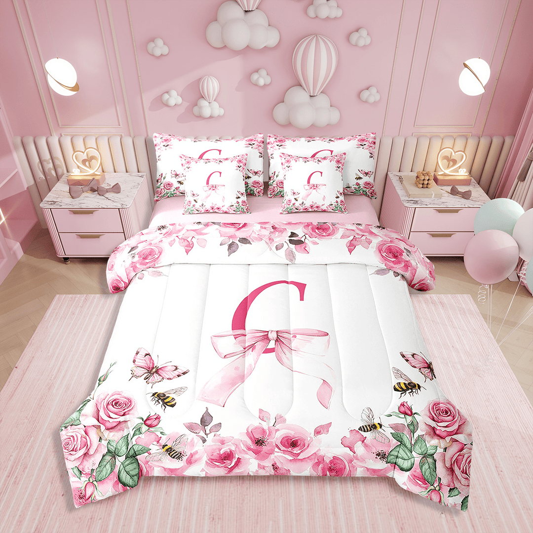 Erosebridal 7Pcs Initial Letter Bedding Set for Princess,Twin Size Comforter Set with Sheets and Pillowcase,7Pcs Bed in a Bag,Bowknot Alphabet Children Bed Set,A-Z Comforter