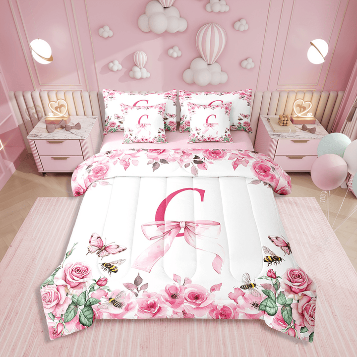 Erosebridal 7Pcs Initial Letter Bedding Set for Princess,Twin Size Comforter Set with Sheets and Pillowcase,7Pcs Bed in a Bag,Bowknot Alphabet Children Bed Set,A-Z Comforter