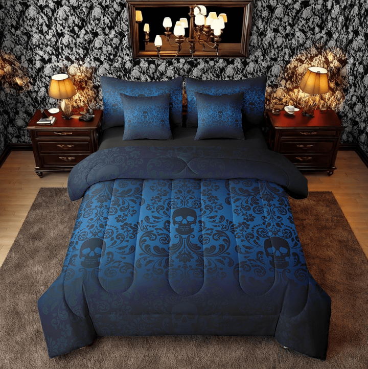 Damask Gothic Bedding Set Adults Antique Victorian Bed in a Bag King Size Comforter Set 7 Pieces,Navy Blue Black Sugar Skull Sheet Set Vintage Floral Goth Bed Set,Exotic Bone Skeleton Bohemian Decor