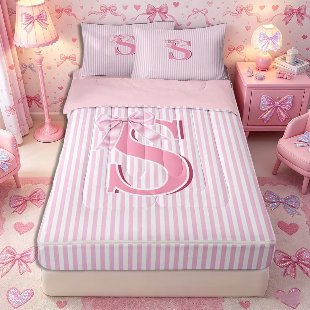 Meiyoeat Sweet Bow Letter S Zipper Twin Comforter Sets with Fitted Sheet and 2 Pillowcases for Girls Children, Cute Stripe Zipper Bedding Set, Light Pink White,4-Piece,Pink Reversible