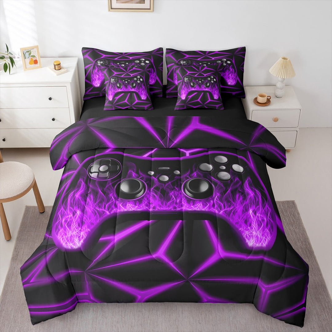 Erosebridal Gamer Bed in a Bag Twin size 7pcs , Geometric Comforter Sets with Sheets, Black Purple, Reversible