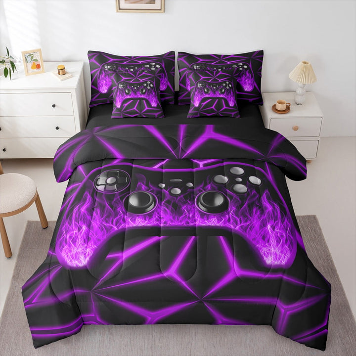 Erosebridal Gamer Bed in a Bag Twin size 7pcs , Geometric Comforter Sets with Sheets, Black Purple, Reversible
