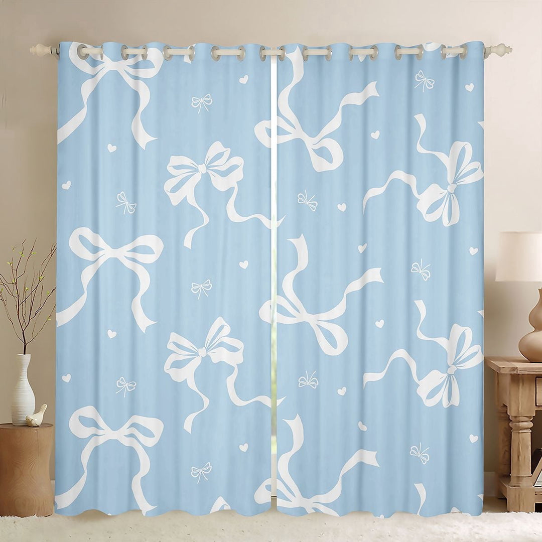 Manfei White Bow Light Blue Love Heart Black Out Curtains for Boys Girls, Cute Ribbon Curtains Pack of 2 (42x63 Each)