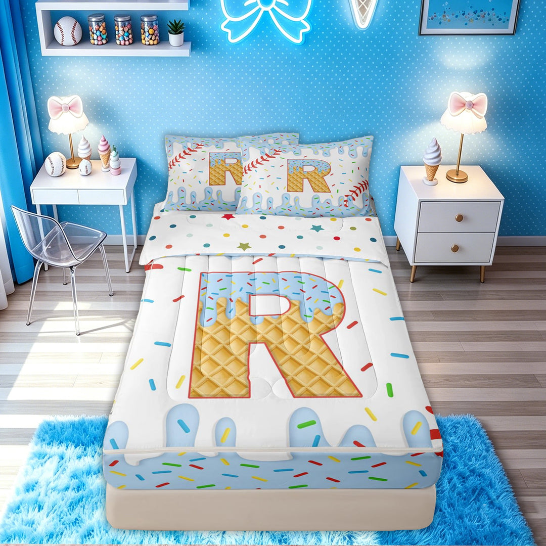 meiyoeat Blue Baseball Initial R Zipper Twin Comforter Sets with Fitted Sheet and 2 Pillowcases for Kids Girls, Cartoon Ice Cream Drip Zipper Bedding Set, Polkadot Reversible, 4 Pieces
