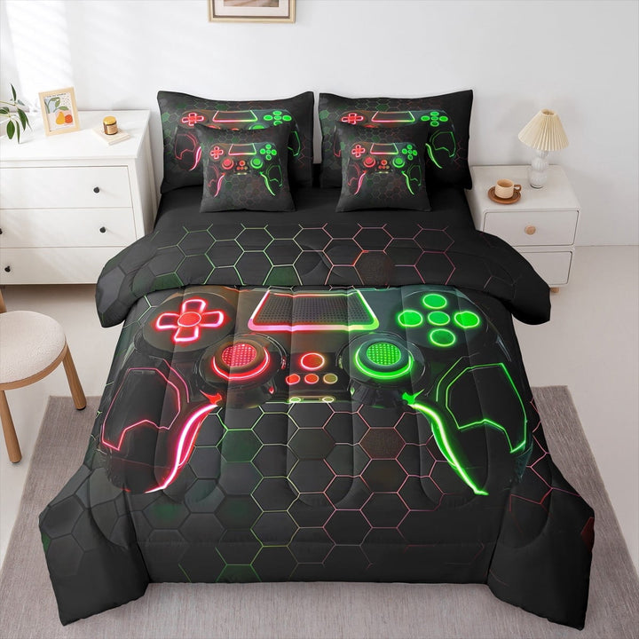 Bedding Sets 7 Pcs Twin Size Gaming Bed in a Bag Teens Gamer Room Decor Comforter Set with Sheets,3D Green Red Gamepad Gaming Bed Set Geometry Honeycomb Print Sheet Set