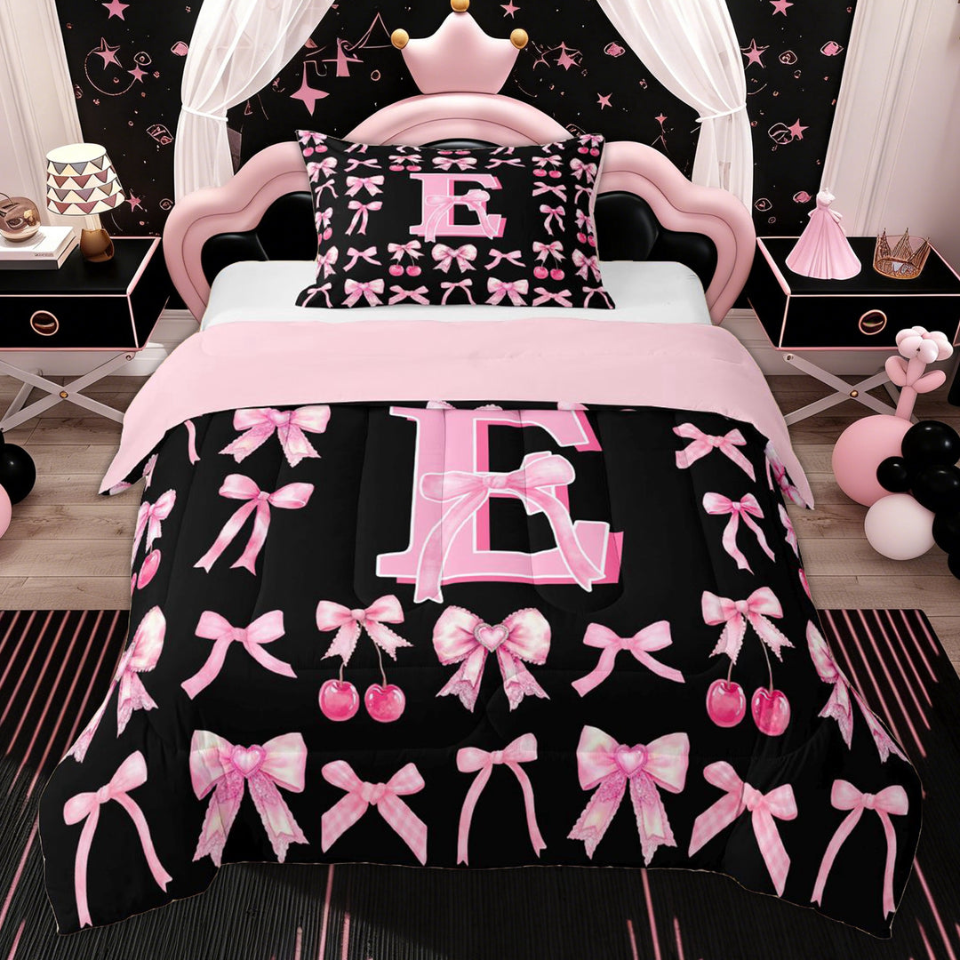 Erosebridal Black Pink Bow Girl Twin Comforter Sets, Initial E Letter Bedding Set, 2pcs