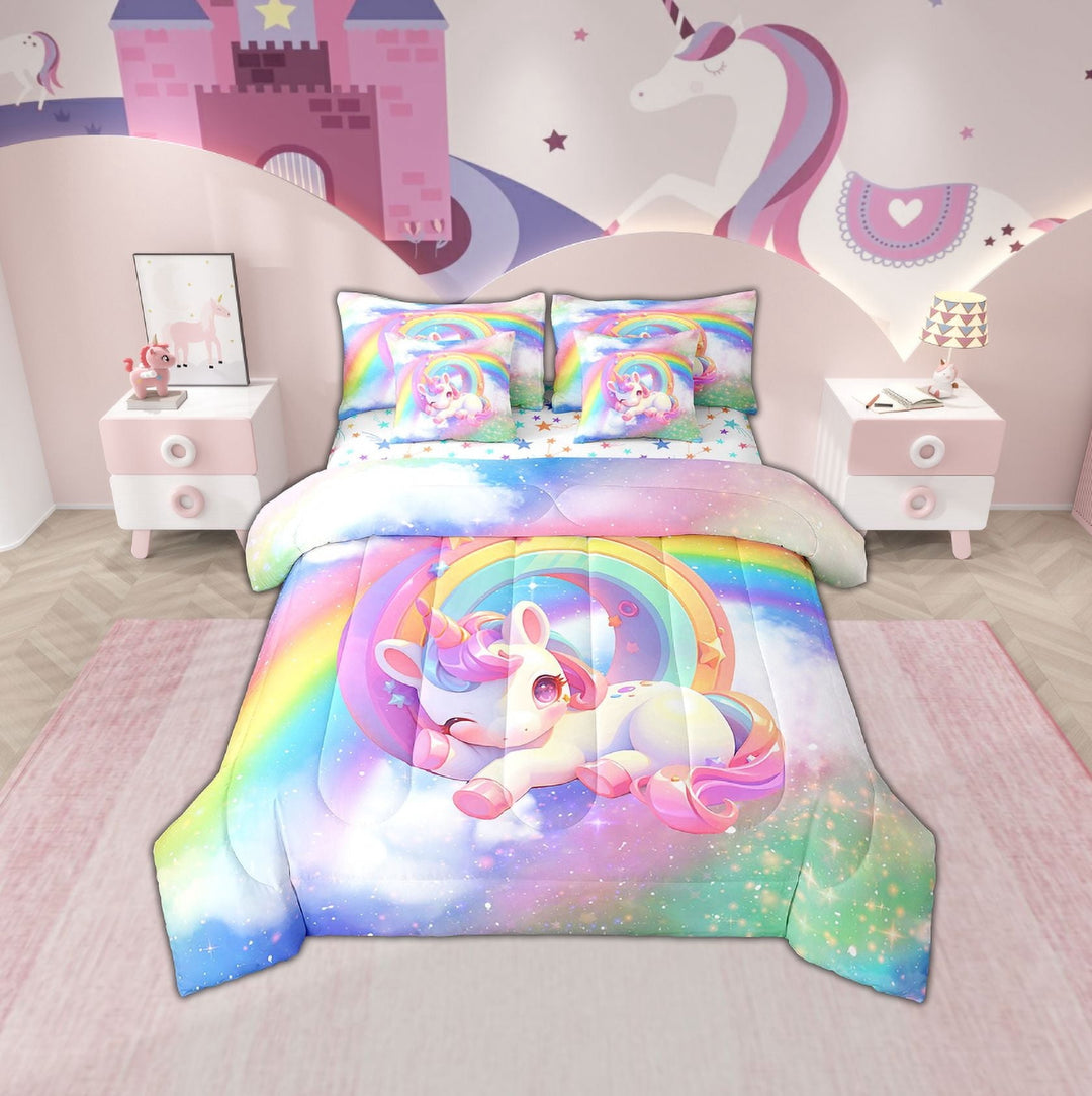 Erosebridal Monogrammed O Bedding Sets Twin Size, Kawaii Unicorn Comforter Sets with Sheets, Cartoon Rainbow Reversible Bedding Twin Size, Ultra Soft Bedroom Decoration, 7pcs