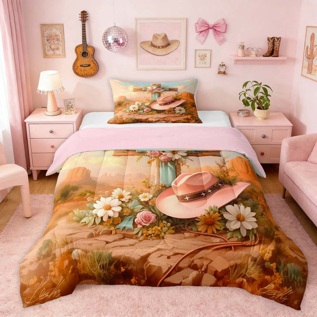 Erosebridal Desert Floral Cross Pink Cowgirl Print Twin Comforter Sets, Country Style Bedding Set for Girls, Pink Reversible 2pcs, 1 Comforter and 1 Pillowcase