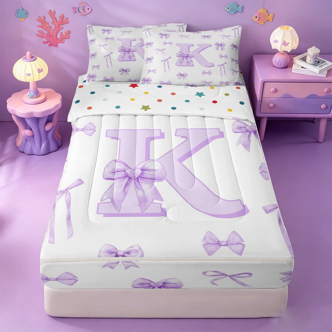 meiyoeat Purple Watercolor Bowknot Monogram K Zipper Twin Comforter Sets with Fitted Sheet and 2 Pillowcases,Cute Ribbon Bow Tie Zipper Bedding Set For Girl,Reversible,4 Pieces