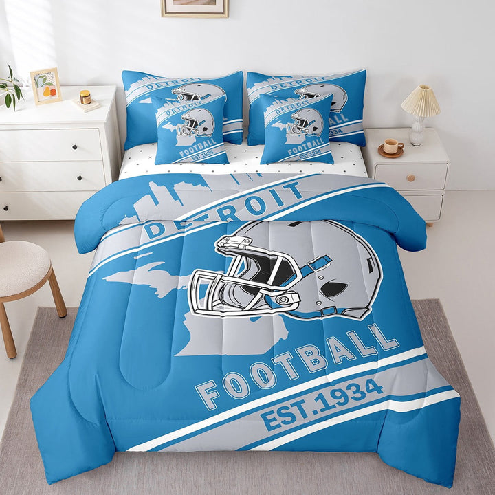 Erosebridal Football Helmet Print Bedding Twin Size, Sports Theme Bedding Accessories , Detroit, Blue Grey, Super Cozy 7-Piece