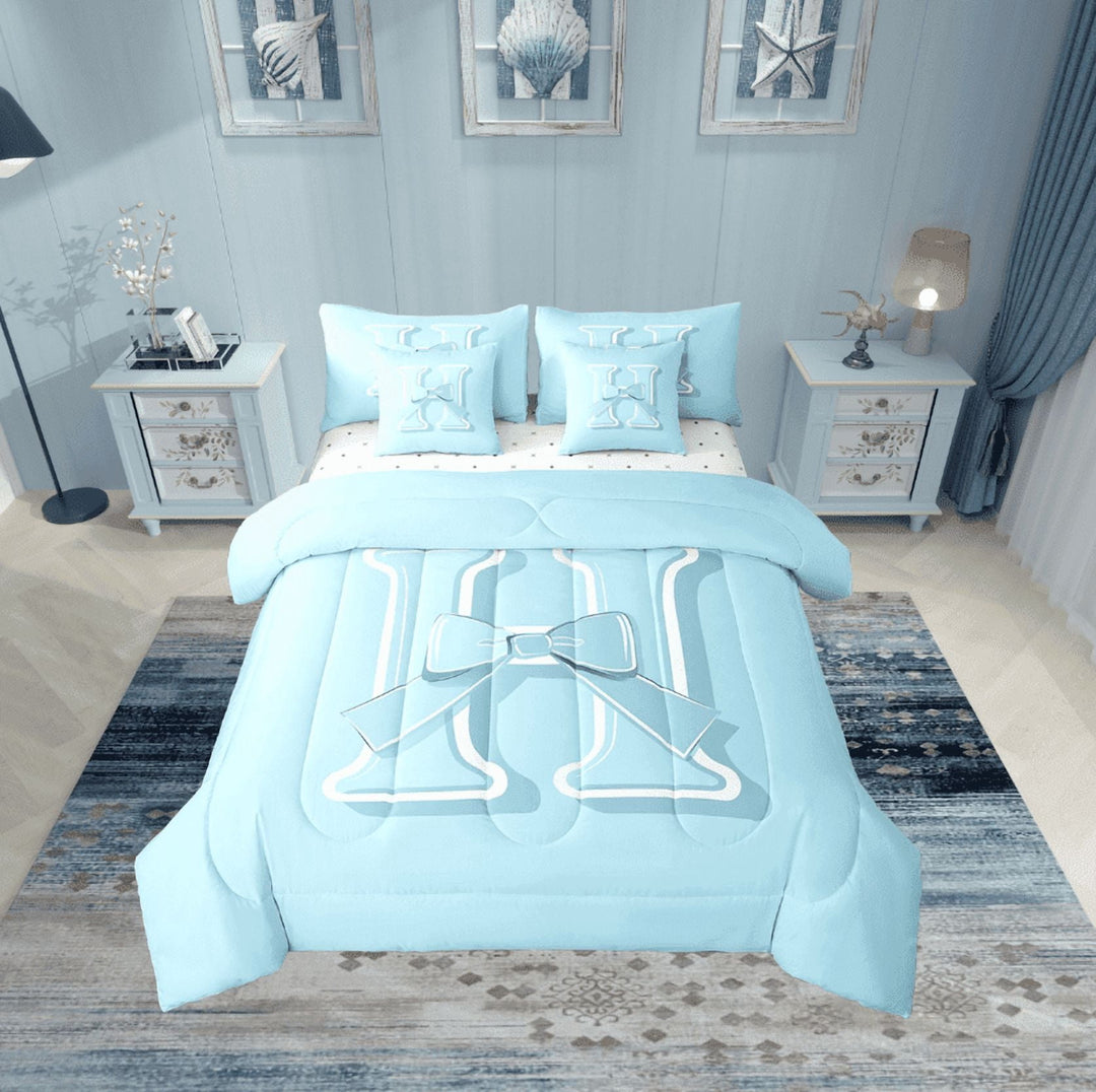 Erosebridal Monogrammed H Bed in a Bag Twin size, Initial Letter Bed Set, Blue Bow Reversible Bedding Twin Size, Super Cozy Bedroom Decor, 7-Piece
