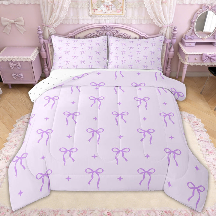 Erosebridal Lavender Bow Star Queen Comforter Set for Girls, Purple Ribbon Bedding Comforter Set for Women, Reversible, 3pcs