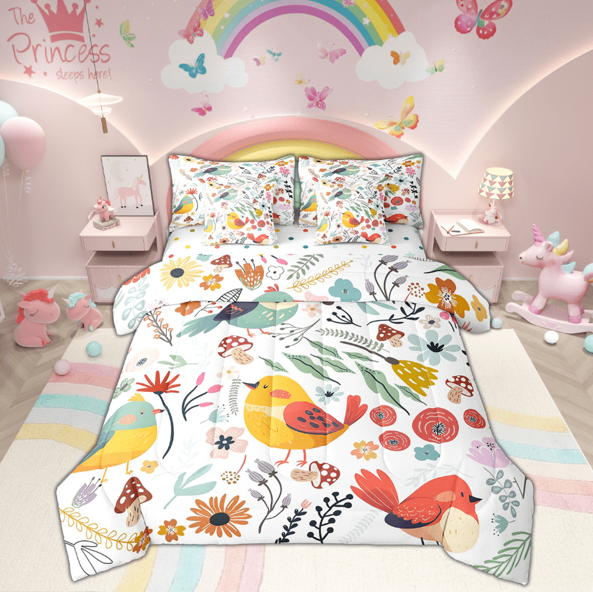 Kawaii Bird Comforter Set 7 Piece Bed in a Bag Twin,Mushroom Floral Cartoon Animal Bedding Sets Watercolor Flowers Leaves Sheet Set with Comforter