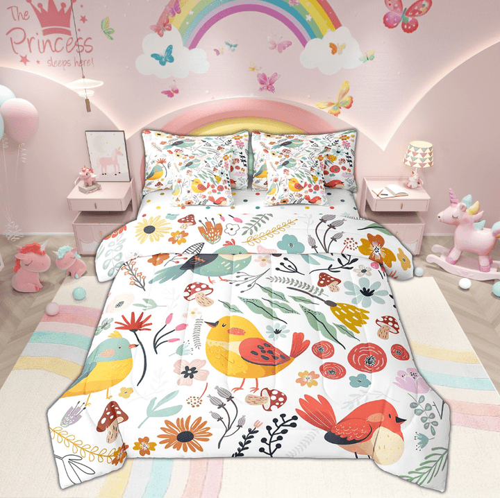 Kawaii Bird Comforter Set 7 Piece Bed in a Bag Twin,Mushroom Floral Cartoon Animal Bedding Sets Watercolor Flowers Leaves Sheet Set with Comforter