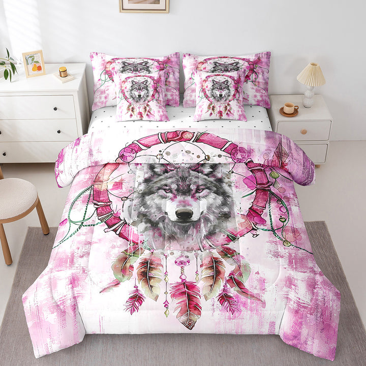 Safari Wolf Bed in a Bag 7-Piece Animal Bedding Set,Bohemian Dreamcatcher Full Size Comforter Set Pink Ombre Bedding Comforter Sets,Tribal Feather Bed Set