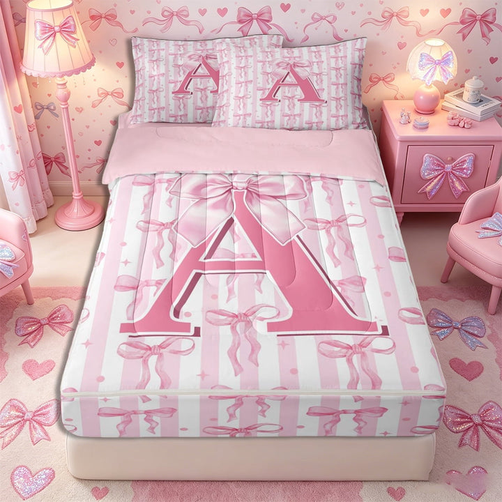 Meiyoeat Coquette Bow Letter A Zipper Twin Comforter Sets with Fitted Sheet and 2 Pillowcases for Girls Kids, Preppy Stripe Zipper Bedding Set for Nursery,4-Piece,Pink Reversible