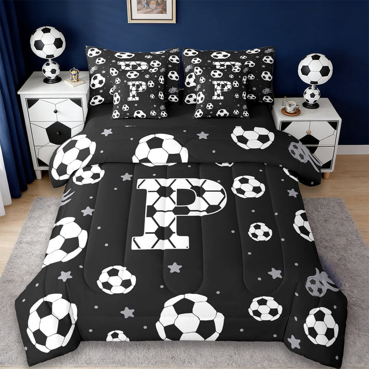 Erosebridal Boys Personalized Gifts 7-Piece Twin Bedding Sets,Alphabet P Kids Bedding Comforter Set For Football Sport Games Lover,Reversible Black
