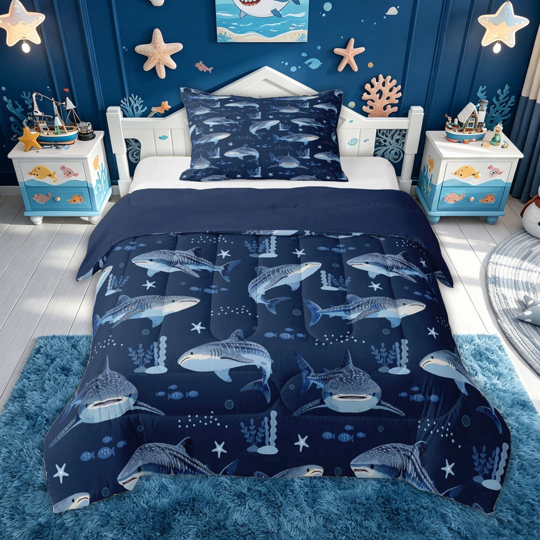 meiyoeat Navy Whale Shark Full Size Comforter Sets for Kids Boys, Starfish Ocean Bedding Comforter Set for Bedroom, Blue Reversible, 3 Pieces