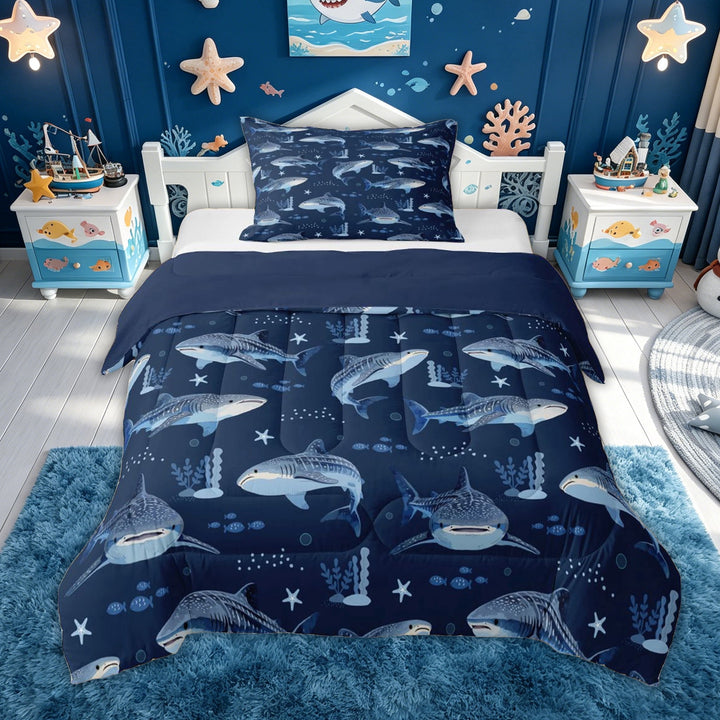 meiyoeat Navy Whale Shark Full Size Comforter Sets for Kids Boys, Starfish Ocean Bedding Comforter Set for Bedroom, Blue Reversible, 3 Pieces