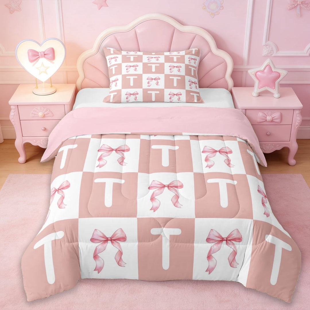 Erosebridal Cartoon Letter T Monogrammed Twin Comforter Sets,Pink Girly Bowknot Princess Bow Bedding Set For Kids,Reversible pink,2-Piece